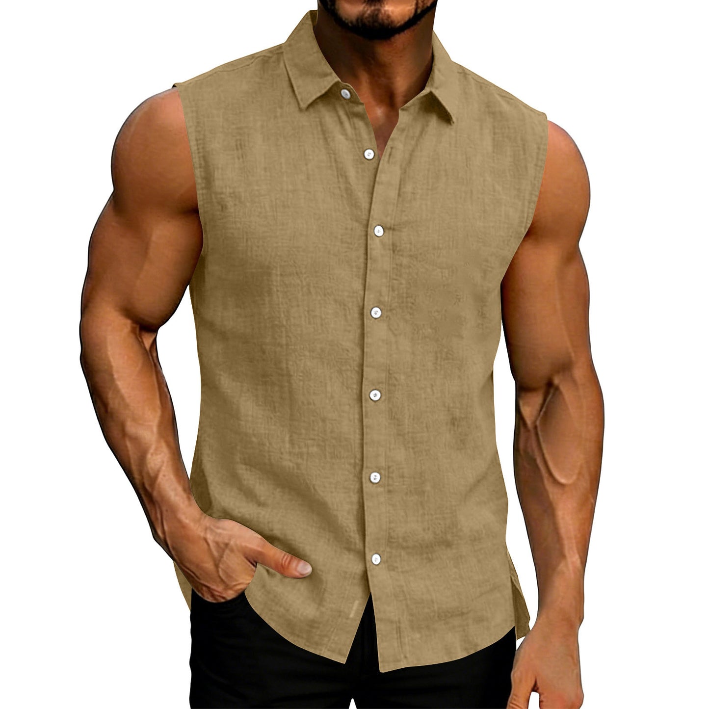 Men Sleeveless Hawaiian Linen Vest Shirt