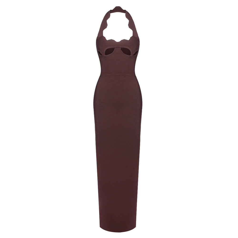 Retro Halter Neck Long Dress with Hollow-Out Design