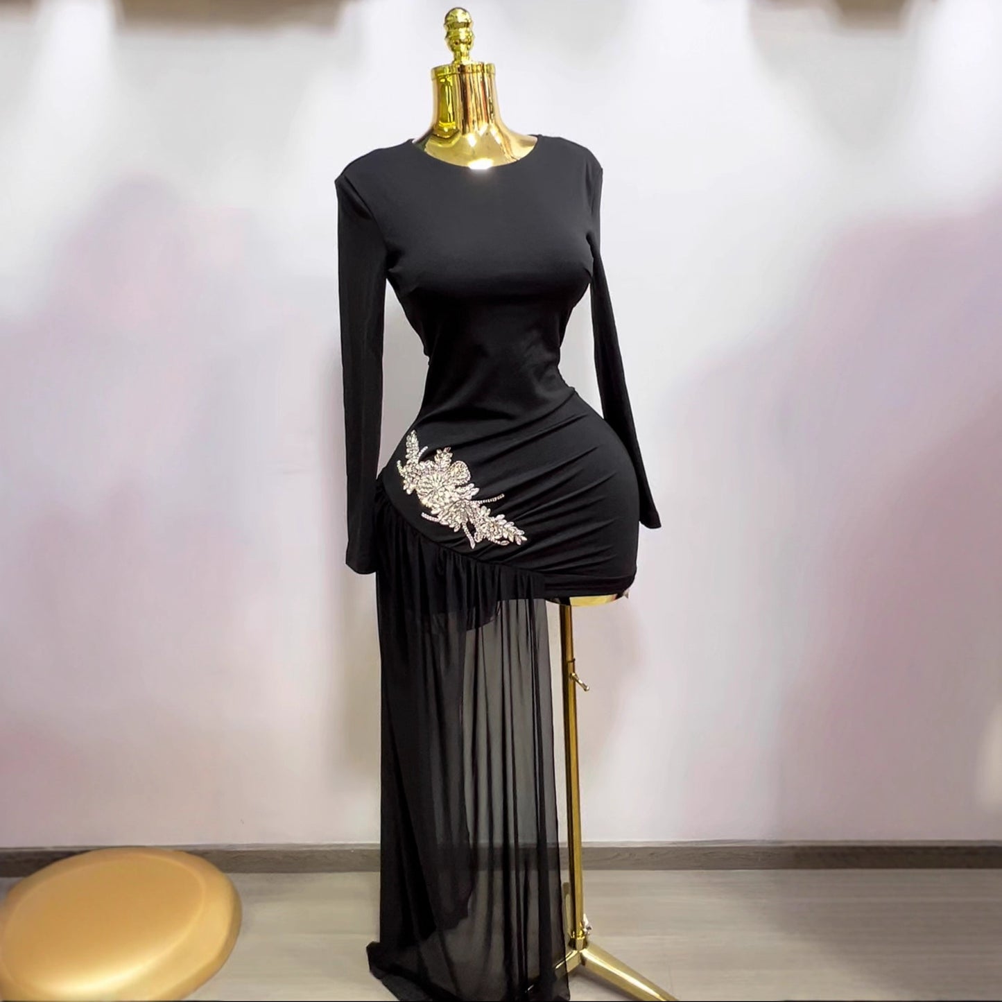 Womens Diamond Rhinestone Slim Fit Long Sleeve Dress