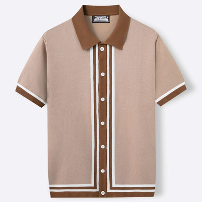 Men Summer Short Sleeve Knitted Striped Lapel Collar Business Polo Shirt