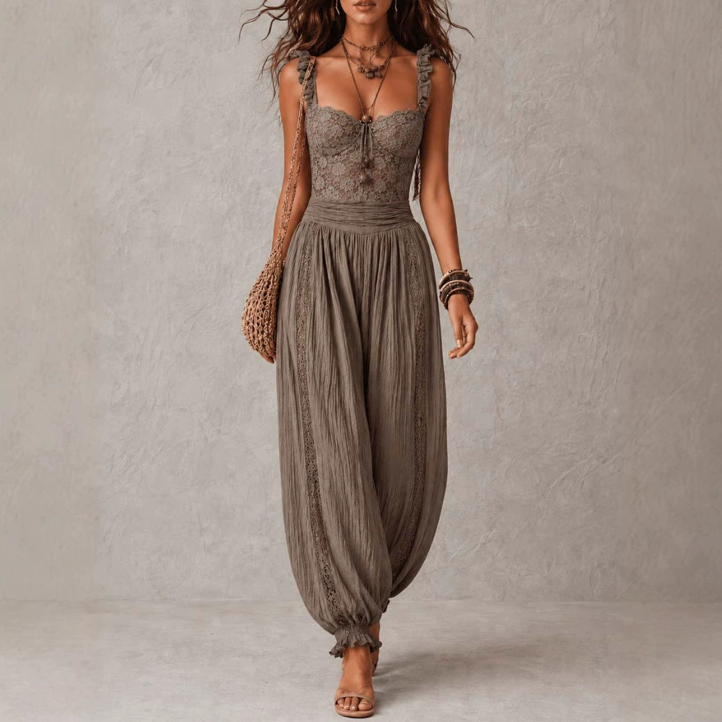 Womens Lace Suspender Harem Jumpsuit