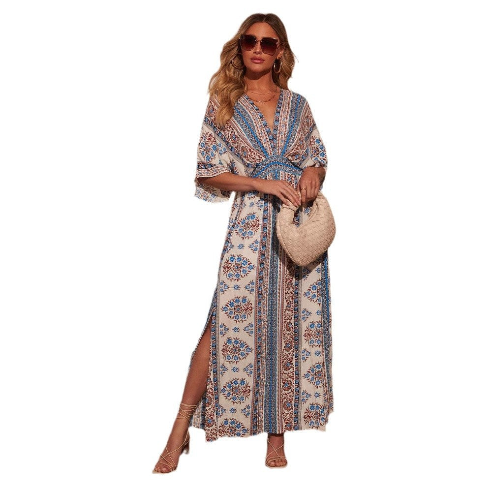 Women's V-Neck Printed A-Line Short Sleeve Dress