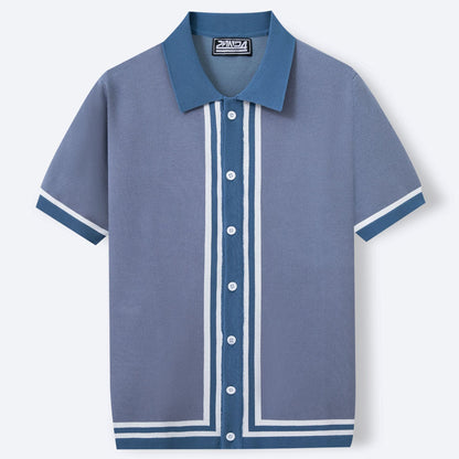 Men Summer Short Sleeve Knitted Striped Lapel Collar Business Polo Shirt