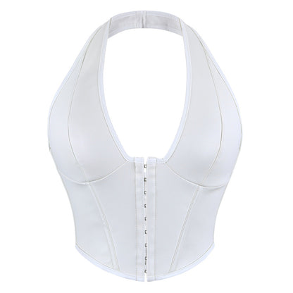 Shapewear Top, Solid Color Fishbone Corset, Fashionable Women's Clothing, Sexy Pu Leather Neck Hook & Button-Style Vest