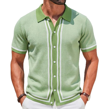 Men Summer Short Sleeve Knitted Striped Lapel Collar Business Polo Shirt
