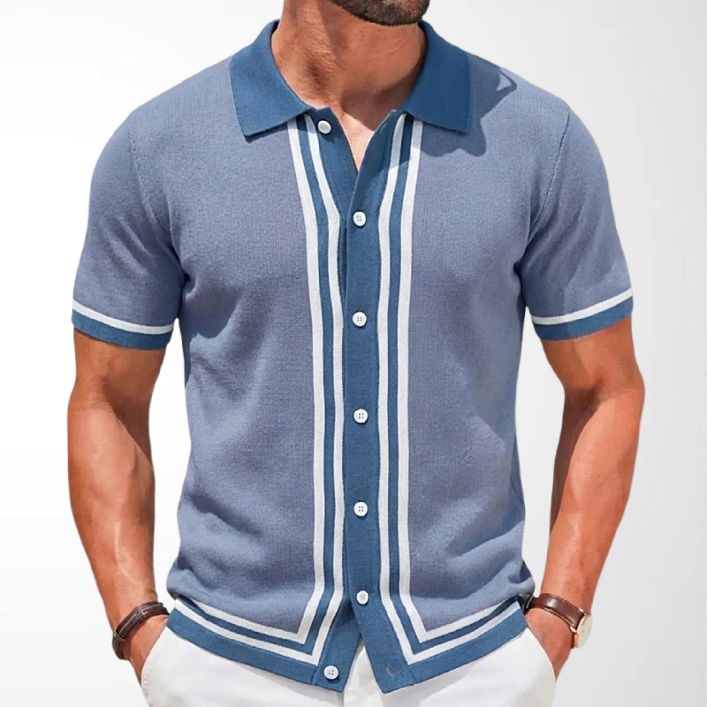 Men Summer Short Sleeve Knitted Striped Lapel Collar Business Polo Shirt