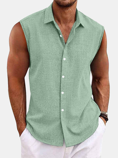 Men Sleeveless Hawaiian Linen Vest Shirt