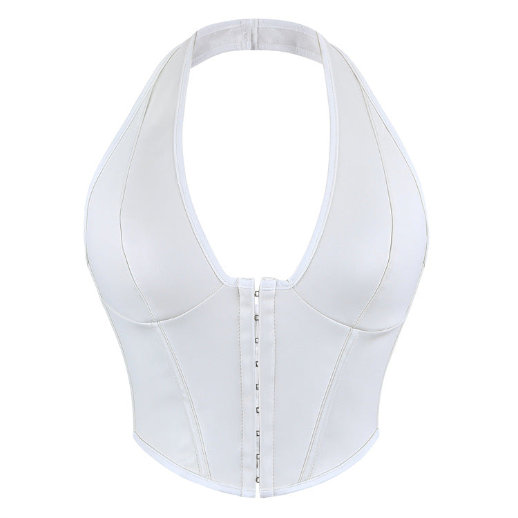 Shapewear Top, Solid Color Fishbone Corset, Fashionable Women's Clothing, Sexy Pu Leather Neck Hook & Button-Style Vest
