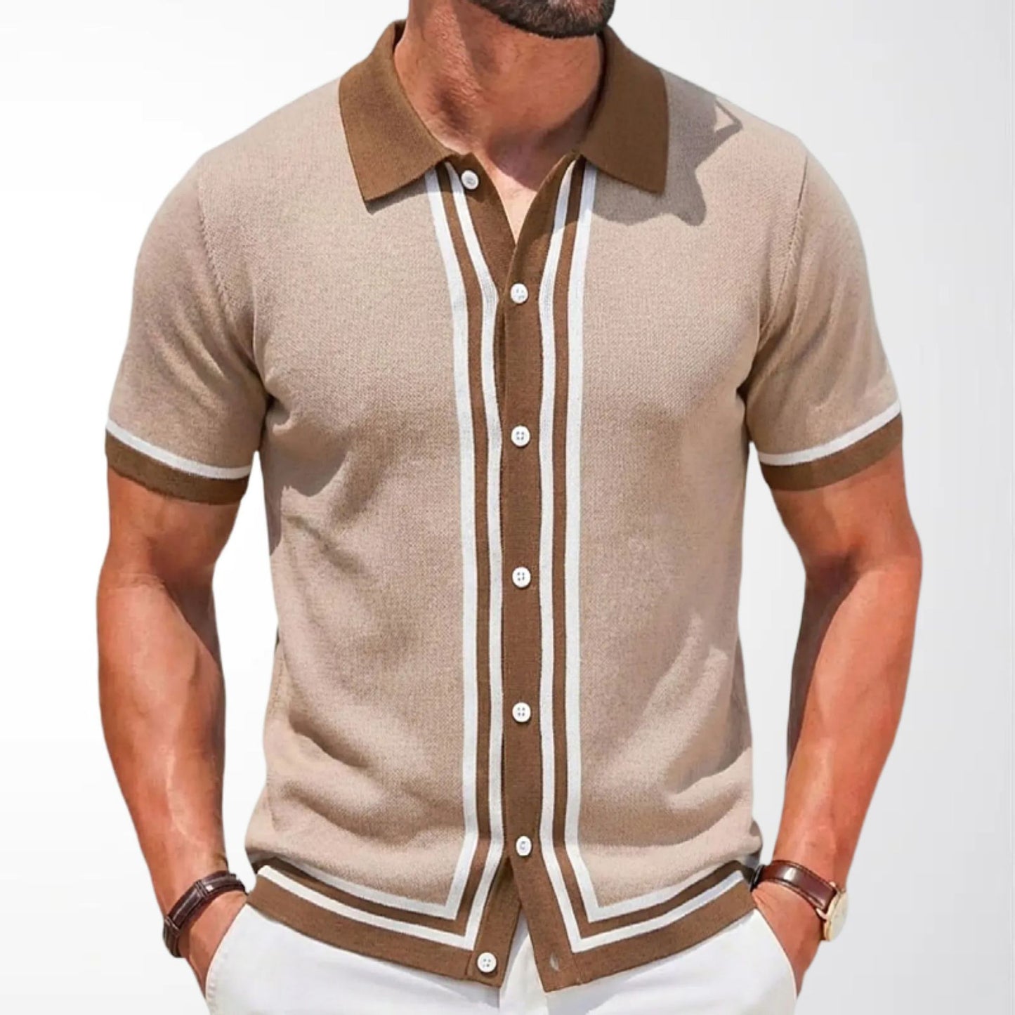 Men Summer Short Sleeve Knitted Striped Lapel Collar Business Polo Shirt