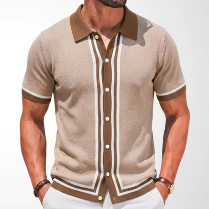 Men Summer Short Sleeve Knitted Striped Lapel Collar Business Polo Shirt