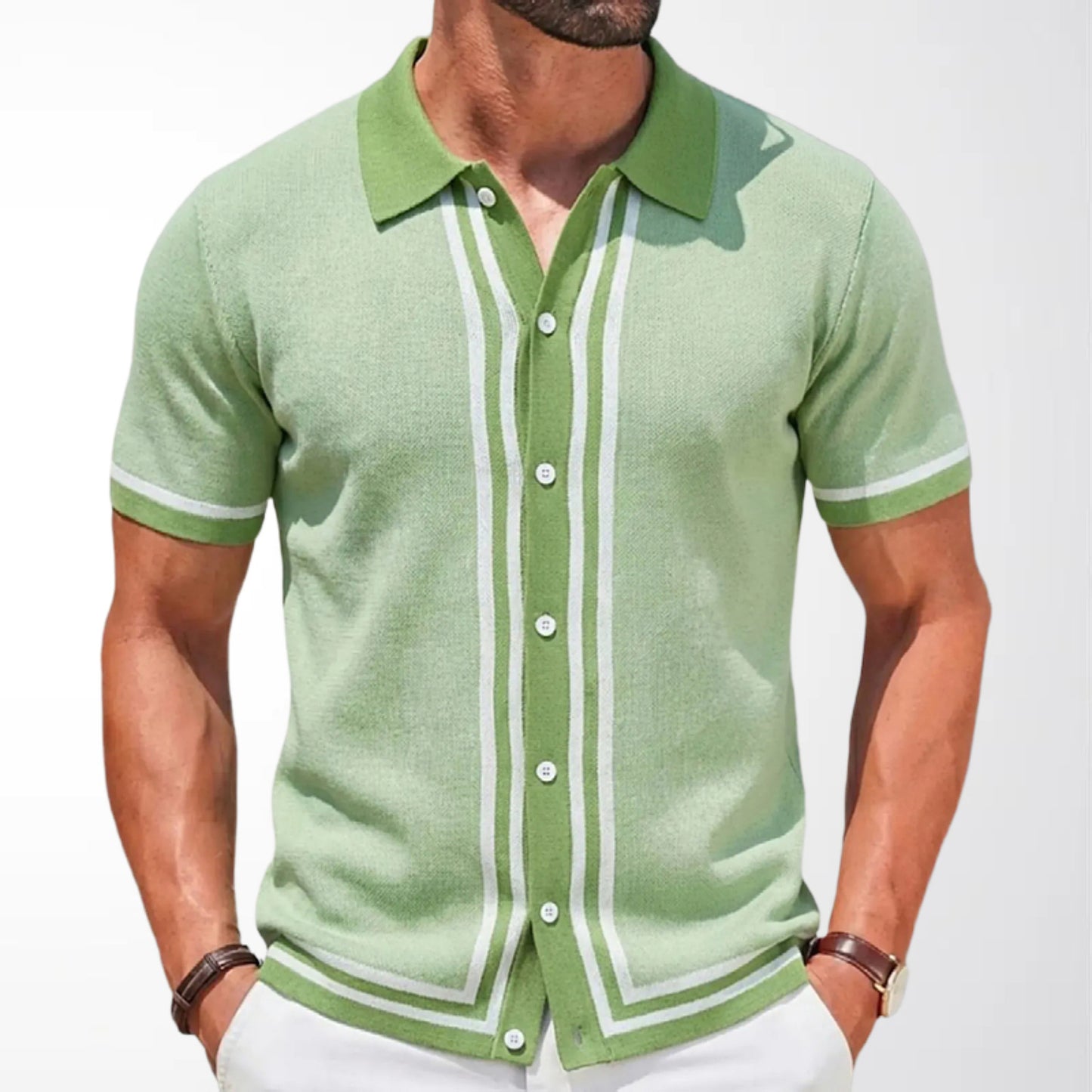 Men Summer Short Sleeve Knitted Striped Lapel Collar Business Polo Shirt