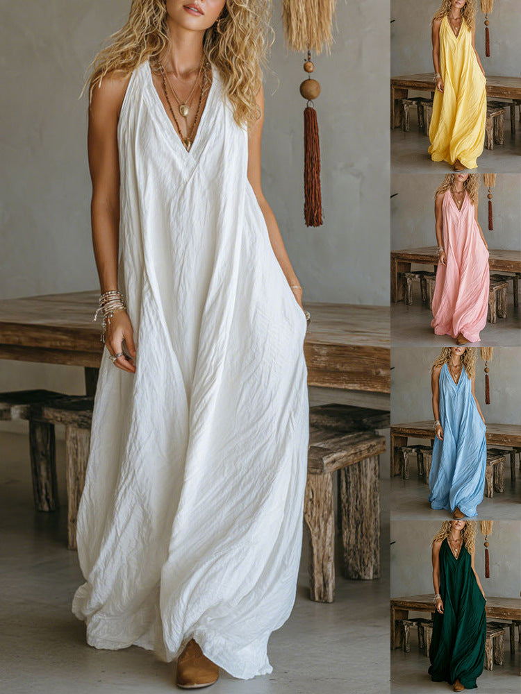 Sleeveless Casual Cotton Linen Dress with Pockets