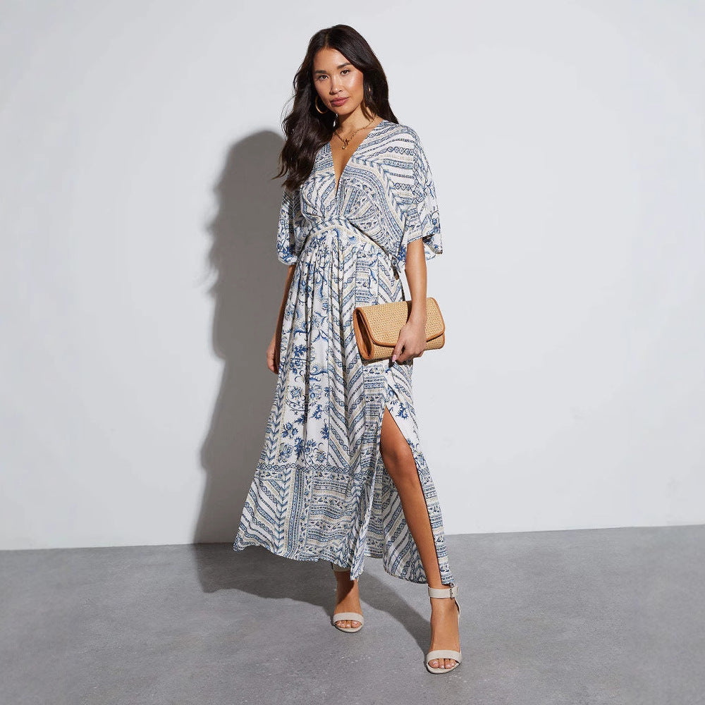 Women's V-Neck Printed A-Line Short Sleeve Dress