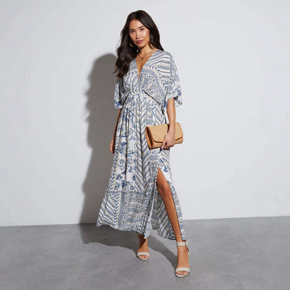Women's V-Neck Printed A-Line Short Sleeve Dress