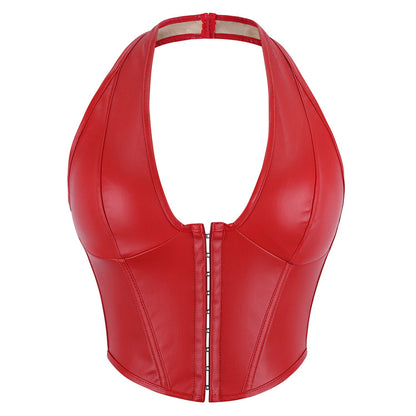 Shapewear Top, Solid Color Fishbone Corset, Fashionable Women's Clothing, Sexy Pu Leather Neck Hook & Button-Style Vest