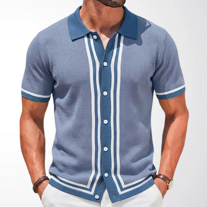 Men Summer Short Sleeve Knitted Striped Lapel Collar Business Polo Shirt