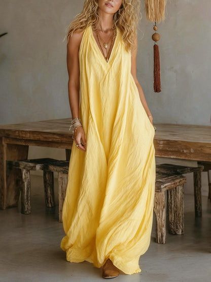 Sleeveless Casual Cotton Linen Dress with Pockets