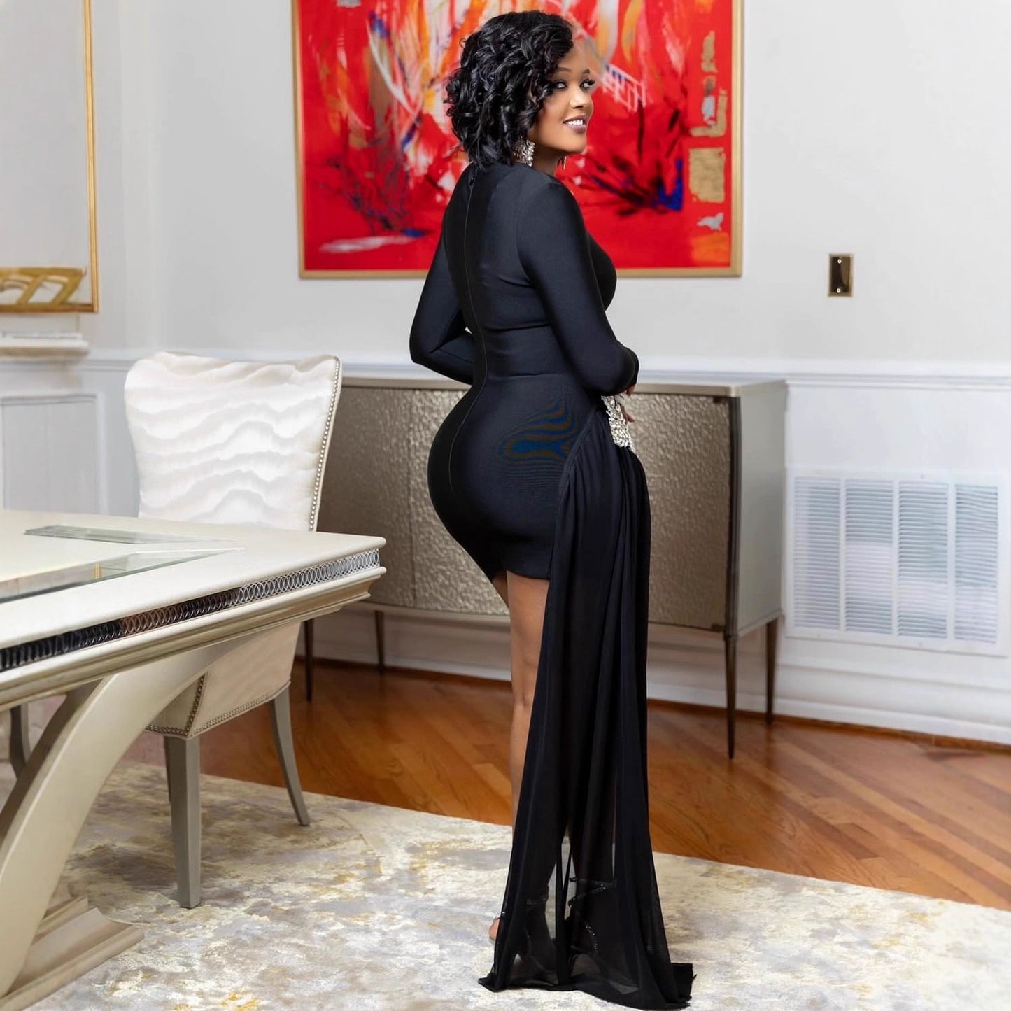 Womens Diamond Rhinestone Slim Fit Long Sleeve Dress
