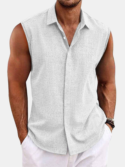 Men Sleeveless Hawaiian Linen Vest Shirt
