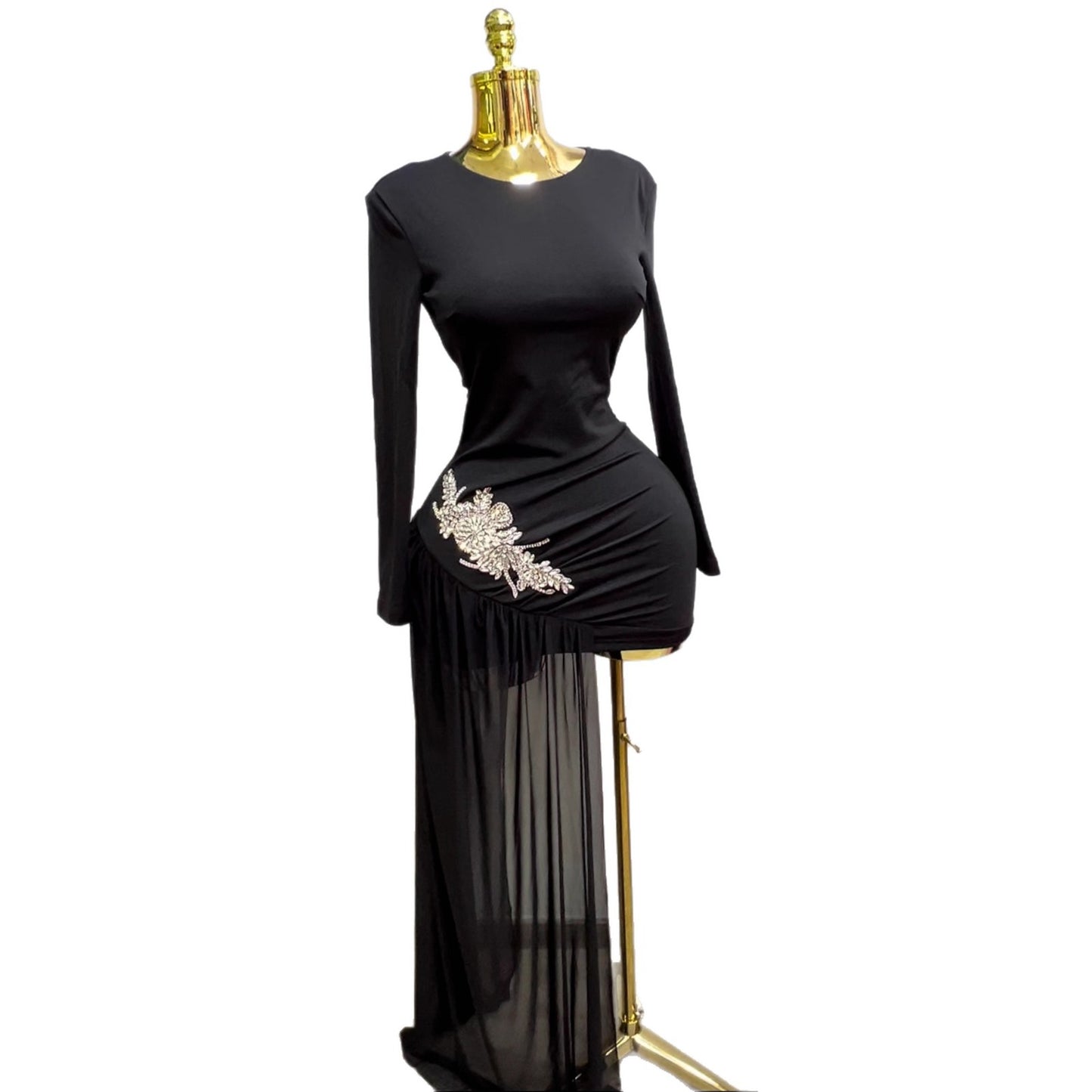 Womens Diamond Rhinestone Slim Fit Long Sleeve Dress