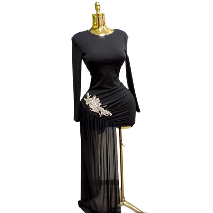 Womens Diamond Rhinestone Slim Fit Long Sleeve Dress