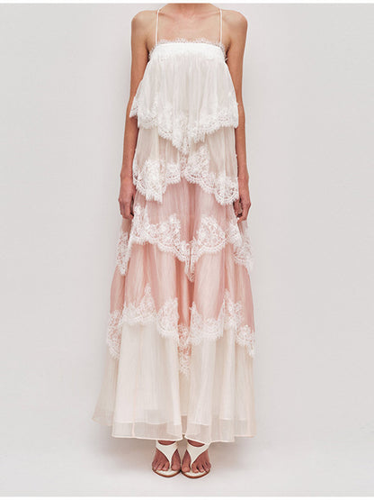 Lace Patchwork Backless Tiered Dress