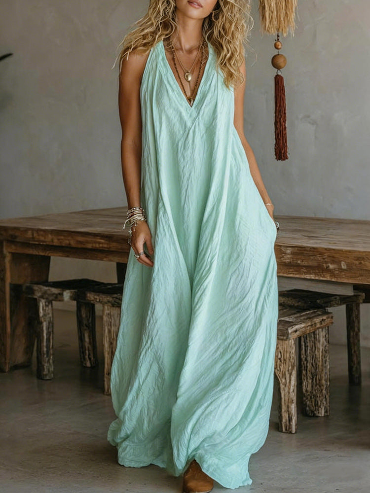 Sleeveless Casual Cotton Linen Dress with Pockets