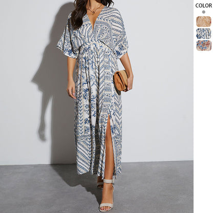 Women's V-Neck Printed A-Line Short Sleeve Dress